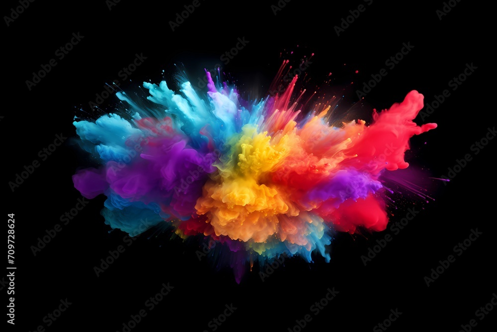 Radiant Burst of Holi Colors in Rainbow Spectrum on Black Background. Perfect for LGBT Events and Indian Festival Celebrations. AI Generated
