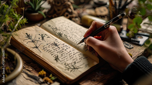 Pen on old book. Photo in old vintage style, 17's, 18's, 19's age travelers journal with herbs drawing by hand