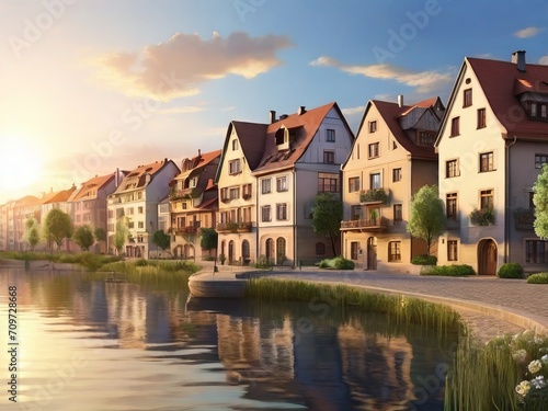 a fictional town with European-style houses on the shore of a pond at sunset