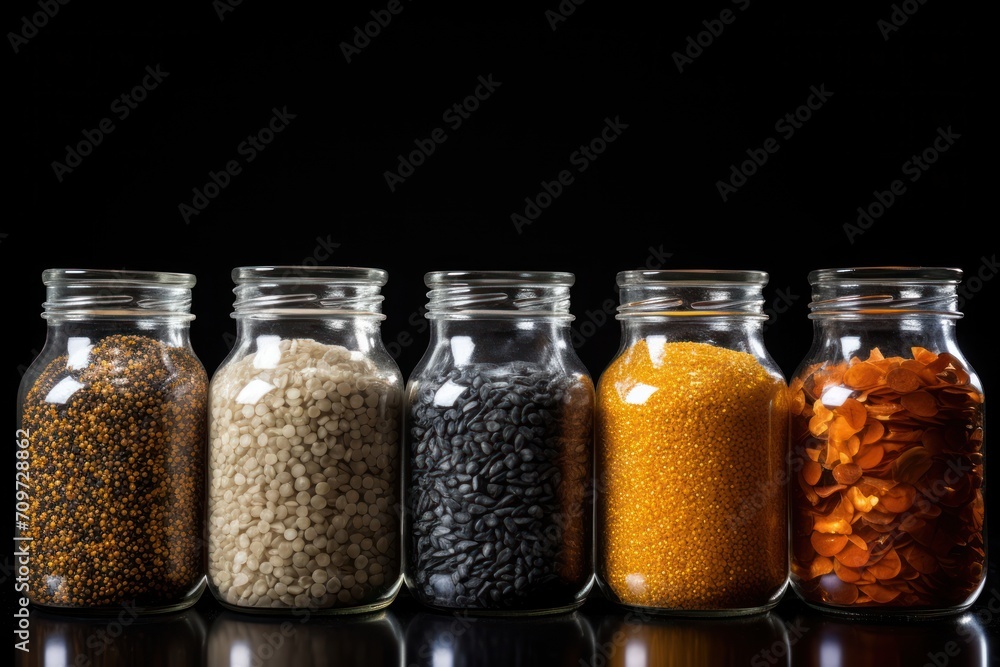 View of allergens commonly found in food grains. a group of cereals. various types of rice in different containers View of allergens commonly found in food grains. a group of cereals. various types of rice in different containers