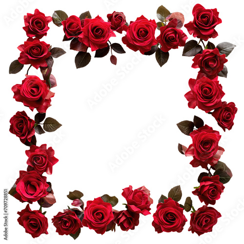Garland of red roses isolated on transparent background with copy space for text. Collage of roses arranged in a square