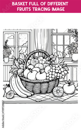 Basket full of different fruits tracing image Eps