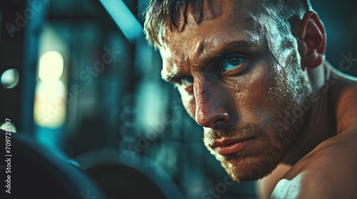 Close-up of handsome muscular young man looking at the camera working out exercising training in the gym