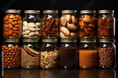 View of allergens commonly found in food grains. a group of cereals. various types of rice in different containers