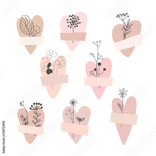 Heart collection taped with dried plants isolated on white background. Healed heart concept. Vector illustration set.