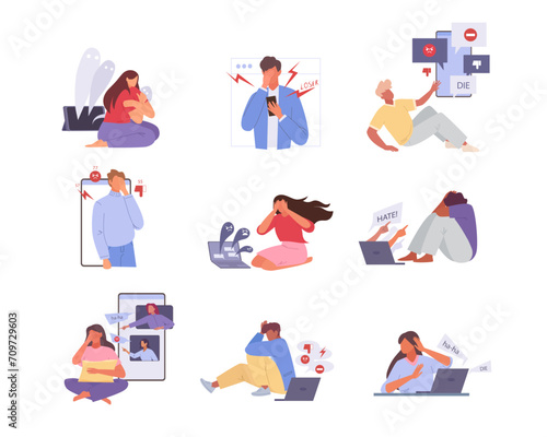 online abuse. harassment depressed unhappy network cyberbulled web internet social networks cyber bullying, online haters, characters concept. vector cartoon charcters collection.