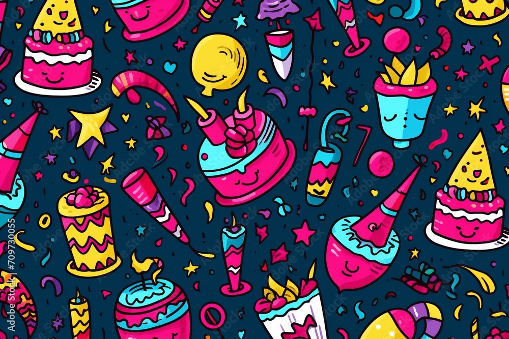 Cartoon cute doodles featuring hand-drawn elements like party hats, cakes, and presents in a whimsical and delightful birthday seamless pattern, Generative AI