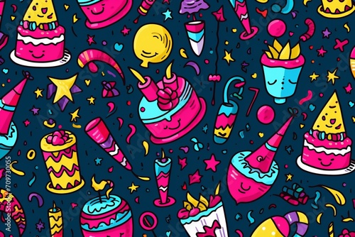 Cartoon cute doodles featuring hand-drawn elements like party hats  cakes  and presents in a whimsical and delightful birthday seamless pattern  Generative AI