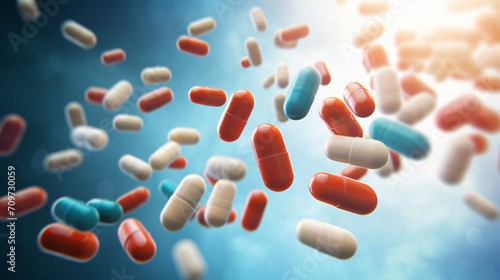 A group of antibiotic pill capsules falling. Health