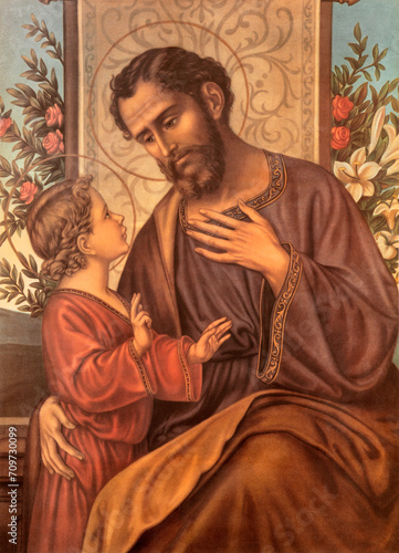VICENZA, ITALY - NOVEMBER 5, 2023: The traditional catholic image of St. Joseph in the chruch Chiesa di San Lorenzo originali designed by unknown artist. 