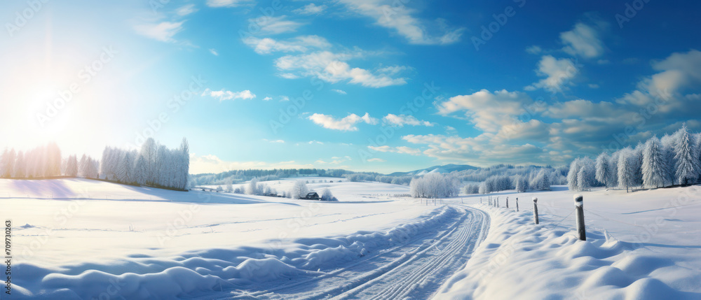 Winter Wonderland: A Serene Journey Through the Snow-Covered Road with Majestic Mountains and a Clear Blue Sky as the Background