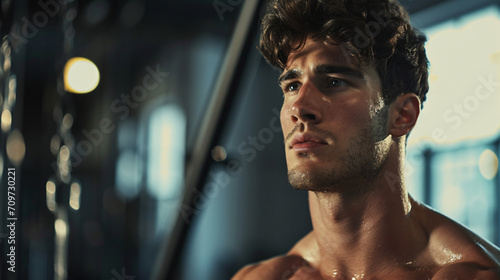 Close-up of handsome muscular young man working out exercising training in the gym