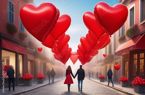 a man and a woman holding hands walk along a city street, a garland of heart-shaped balloons  © Kseniya Ananko