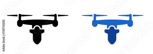 Kamikaze drone icon bring bomb flying weapon set black and blue color unmanned aerial vehicle