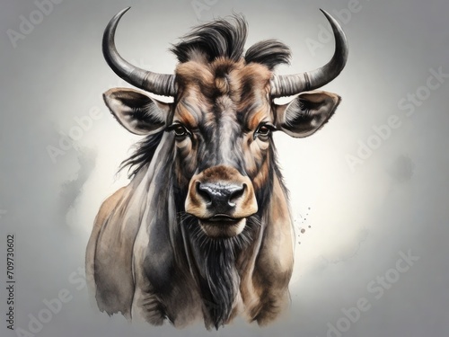 Drawing of a wildebeest looking directly at the camera on a gray background. Nature conservation concept photo