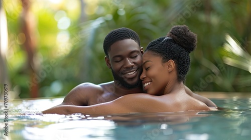 An intimate moment as a couple relaxes with a serene embrace in a tranquil spa pool, surrounded by lush greenery