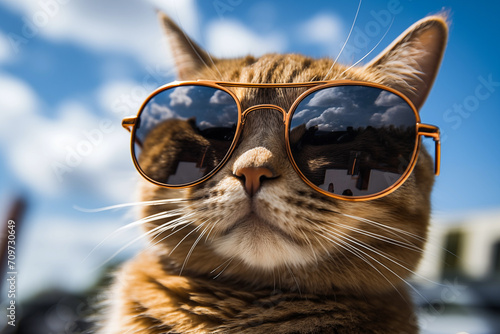 Portrait of a cat with attitude, sporting stylish sunglasses and exuding feline flair. Epitome of a coolness