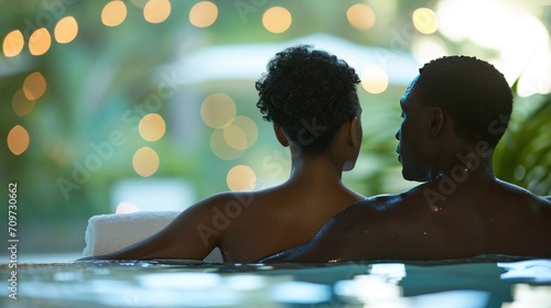 An intimate moment as a couple relaxes with a serene embrace in a tranquil spa pool, surrounded by lush greenery