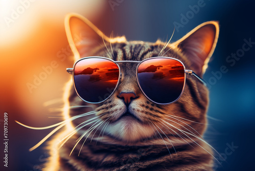 Portrait of a cat with attitude, sporting stylish sunglasses and exuding feline flair. Epitome of a coolness