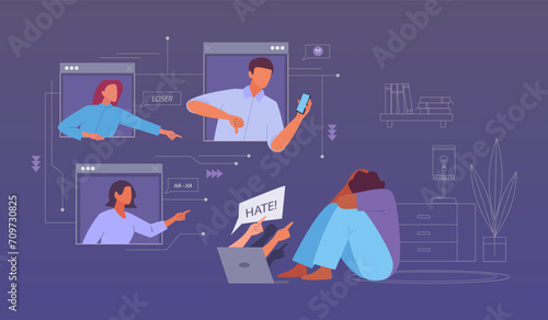 online abuse. harassment depressed unhappy network cyberbulled characters concept, web internet social networks cyber bullying, online haters. vector cartoon charcters collection.