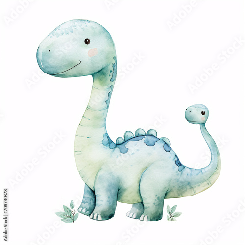 Apatosaurus Dinosaur Cartoon Character Watercolor Handmade Style Illustration Clipart