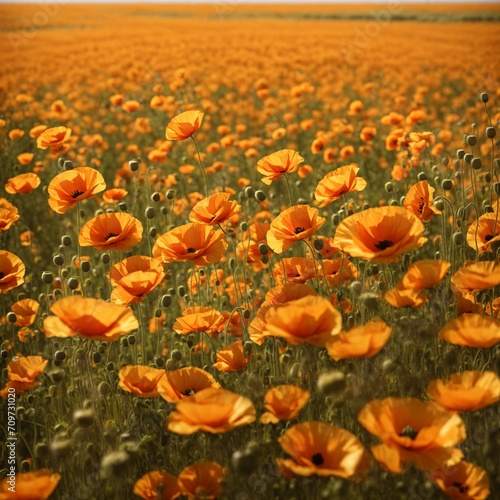 a scene featuring a vast field of golden poppies stretching toward the horizon during the height of summer.