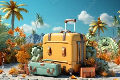 Adventure Awaits Scene with a Sunny Yellow Suitcase, on an isolated Aqua Blue background, Generative AI © Box Milk