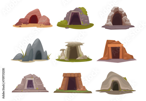 cave openings. ground caves entrances, cartoon minimlistic mine stone prehistoric pits. vector cartoon illustartion.