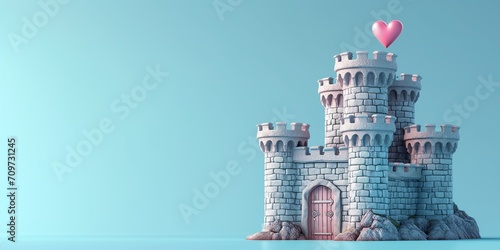 Magic grey Princess Castle with pink heart. Cartoon Style. Children’s game. Games. Fantasy kingdom. Toy. 3D Illustration for book. Copy space for text. Valentine’s Day Card. Love. Isolated on blue