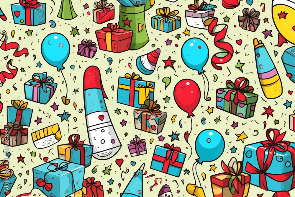 Cartoon cute doodles featuring hand-drawn elements of birthday presents, party hats, and confetti in a playful and vibrant seamless backdrop, Generative AI Cartoon cute doodles featuring hand-drawn elements of birthday presents, party hats, and confetti in a playful and vibrant seamless backdrop, Generative AI