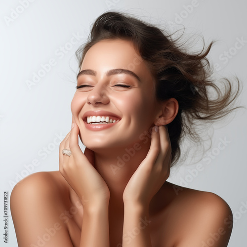 Fascinating Smile: Brunette Young Female Model with a Captivating Smile Against a White Background - Generative AI