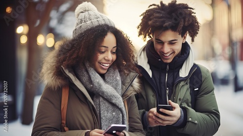 A youthful, mixed-race couple outside with their phones while dressed for cold. Excited pupils utilizing their gadgets