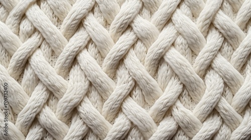 Close-Up of White Knit Wool Texture. Close-up image displaying the cozy and intricate cable knit pattern of a white woolen fabric, embodying warmth and comfort.