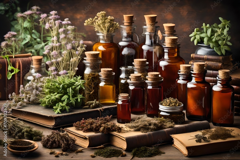 Tincture bottles, bunches of dry healthy herbs, stack of antique books, mortars,  of medicinal herbs. Herbal medicine