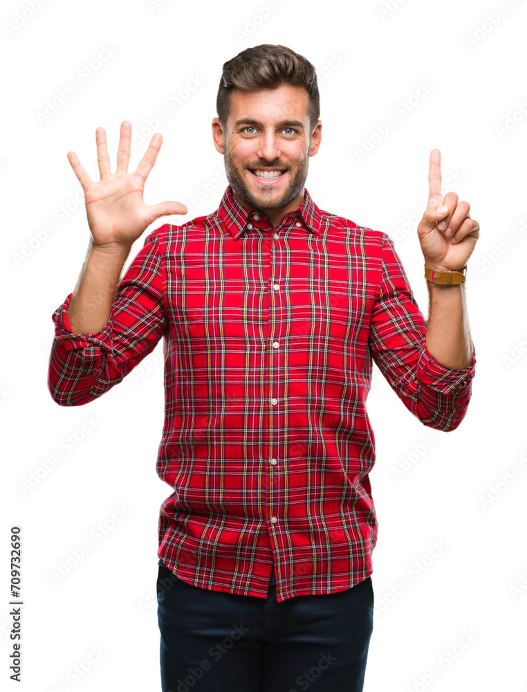 Young handsome man over isolated background showing and pointing up with fingers number six while smiling confident and happy. Young handsome man over isolated background showing and pointing up with fingers number six while smiling confident and happy.