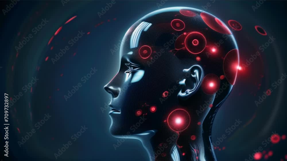 A glowing digital head in profile view representing the concept of artificial intelligence, with red light points symbolizing the thought process.
A glowing digital head in profile view representing the concept of artificial intelligence, with red light points symbolizing the thought process.