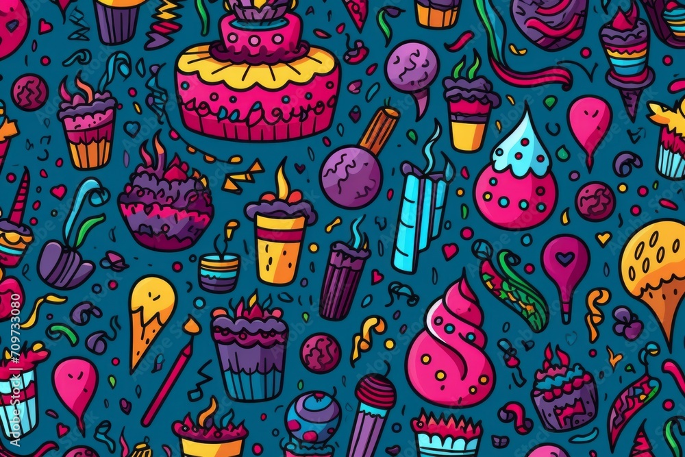 Cartoon cute doodles illustrating a variety of birthday elements, including party horns, gift bags, and birthday candles, in a festive seamless design, Generative AI Cartoon cute doodles illustrating a variety of birthday elements, including party horns, gift bags, and birthday candles, in a festive seamless design, Generative AI