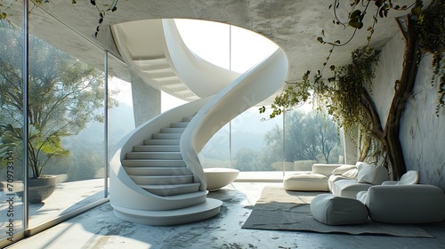 Architecture background interior with curved stairs and round windows in surreal ecology futuristic style 3d render
