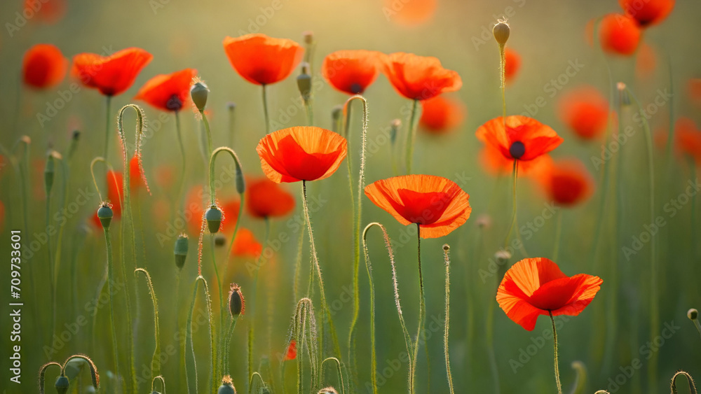 Fototapeta premium beautiful poppy flowers on blurred background. space for text ,orange flower garden poppy seed heads after flowering in a hay meadow, poppy flowers evoke a sense of solace, rememb