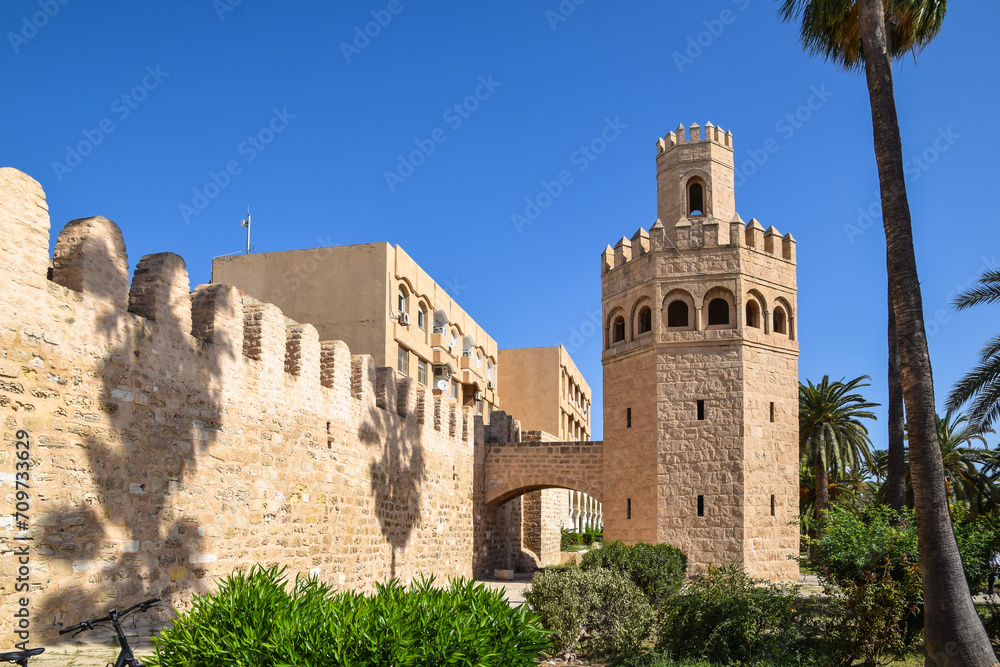 Tower and city defensive walls that surround the old city (medina), Monastir, Tunisia.