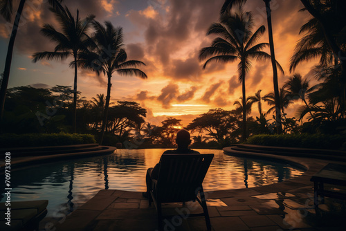 A person relaxes in a chair by an infinity pool overlooking a tropical sunset framed by palm trees  evoking a sense of serene vacation and tranquility