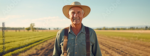 happy grandfather farmer on farm field background photo