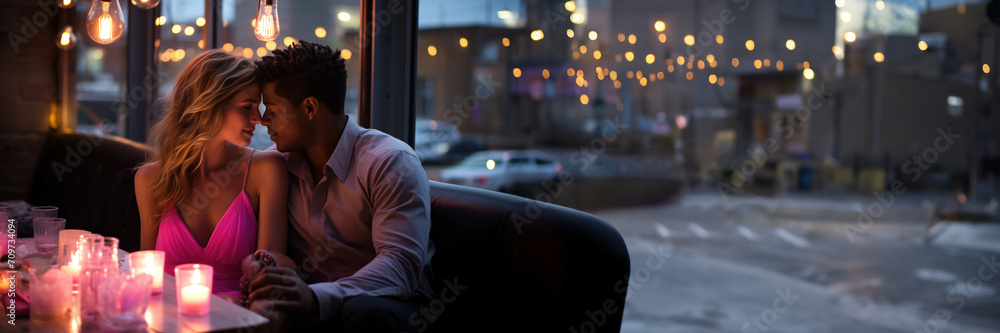 Romantic couple enjoying an intimate moment in a dimly lit restaurant with city lights in the background, suggesting a special occasion or Valentine's Day