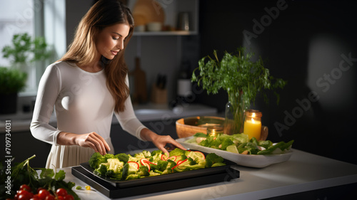 A woman prepares a tray of fresh vegetables in a modern kitchen, promoting healthy eating and lifestyle