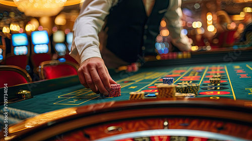 Croupier hands behind gambling table in a casino. roulette table