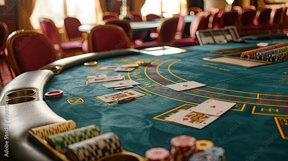 view of a gaming table with green mat, casino table, poker table