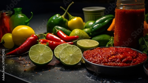 Lime and pepper next to the sauces and tacos al pastor