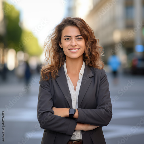 Urban Professional: Stylish Business Portrait of a Smiling Woman in the Pedestrian Zone - Generative AI