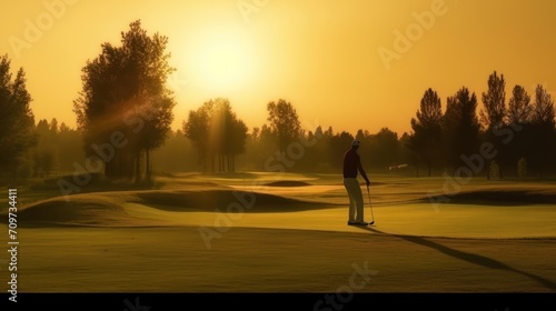 Golfer hitting golf shot with club on course vintage color tone backglound. photo