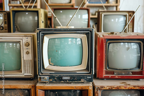 Many antique televisions with rabbit ear antennas. TV retro pattern background.